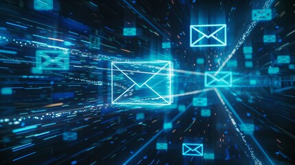 Create a visual representation of e mails being delivered through advanced teleportation technology