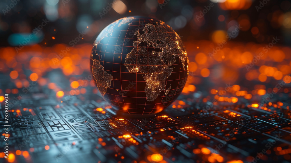 Poster a holographic globe displaying a 3d representation of the world with each continent highlighting a s