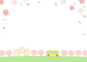 桜が咲く春の学校とスクールバスのベクターイラスト。入学や卒業のカード、チラシなどの背景に便利なシンプルなフラットデザインの背景素材。
