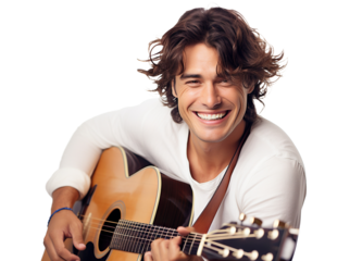 Cheerful young man with wavy hair holds and plays an acoustic guitar, looking relaxed and happy, cut out