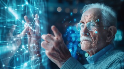 A senior with Alzheimers interacting with advanced technology displaying memory aids and health trackers - obrazy, fototapety, plakaty