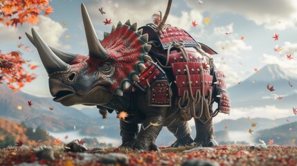 A humorous scene depicting a Triceratops as a formidable samurai warrior