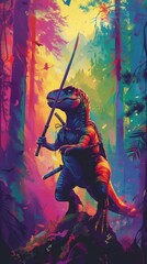 A colorful artwork showcasing a T rex samurai trekking it via dense forests