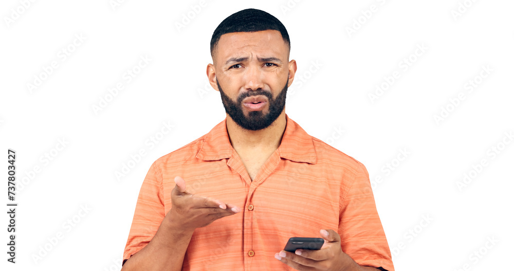 Fototapete man, cellphone and portrait with message of fake news, notification and online subscription for mobi