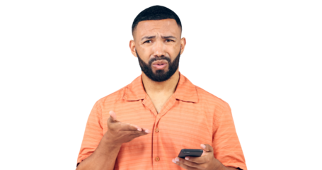 Man, cellphone and portrait with message of fake news, notification and online subscription for mobile game. Model, confused and face for password glitch and isolated on a transparent png background