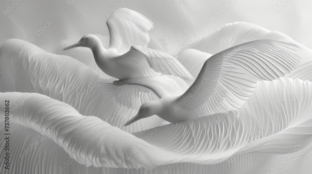 Poster closeup of delicate lines and curves formed by birds bodies as they move together in a synchronized 