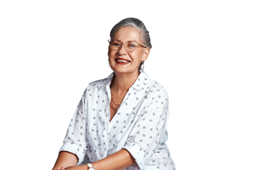 Portrait, senior woman and laugh with confidence and elegance on isolated transparent png background. Older cosmetologist, makeup artist or hair stylist with glasses, big smile and red lipstick
