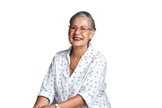 Portrait, senior woman and laugh with confidence and elegance on isolated transparent png background. Older cosmetologist, makeup artist or hair stylist with glasses, big smile and red lipstick