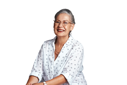 Portrait, senior woman and laugh with confidence and elegance on isolated transparent png background. Older cosmetologist, makeup artist or hair stylist with glasses, big smile and red lipstick