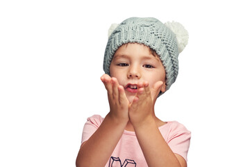 Blowing, kiss and child with love in portrait and show care in transparent, isolated or png background. Hands, gesture and kid on Valentines day with romance, emoji of kindness and share support
