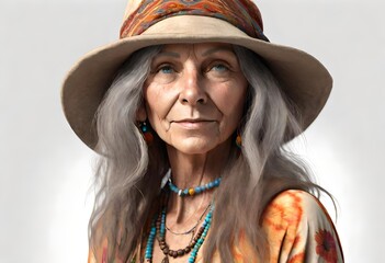 an isolated senior woman retro vintage hippie with headband bandana and hippie clothes  from the 1960s and 1970s - obrazy, fototapety, plakaty