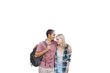 Couple, love and kiss forehead with romance for relationship, smile and backpack for travel. Man, woman and happy for summer, holiday and isolated on a transparent png background for destination