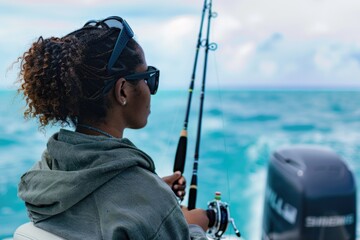 Obraz premium A woman hold fishing rod and looks out to the water on fishing boat