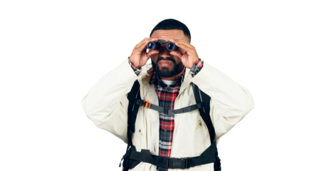 Man, binoculars or search on hiking with backpack for travel, sightseeing and adventure on holiday or vacation. Tourist, guy or safari with birdwatching or trip isolated on png transparent background