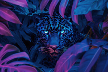Panther in the jungle. Neon purple blue light