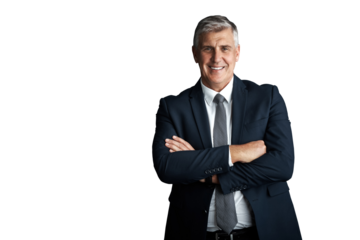 Mature, businessman and confident in portrait in corporate fashion and arms crossed in formal suit. Senior manager, happy face or pride in professional style or isolated on transparent png background