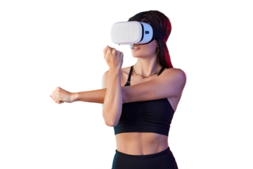 Woman, goggles and virtual reality for stretching exercise as futuristic workout, innovation or simulation. Female person, headset and arms or isolated transparent png background, sport or fitness