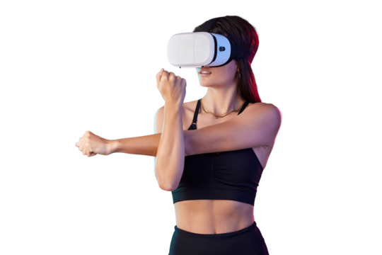 Woman, goggles and virtual reality for stretching exercise as futuristic workout, innovation or simulation. Female person, headset and arms or isolated transparent png background, sport or fitness