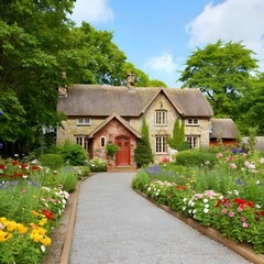 A charming cottage nestled in a lush countryside setting, with colorful flowers blooming in the garden and a winding stone pathway leading to the front door
Free ai image download..