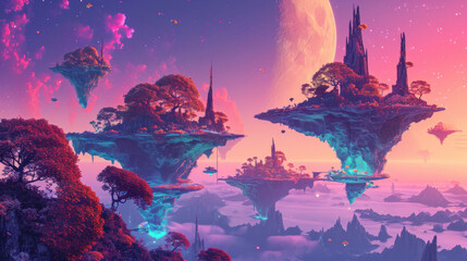Fantasy landscape with floating islands and alien scenery. Digital art and creativity.