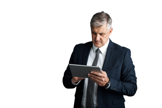 Mature, businessman or tablet for reading email on company merger or acquisition for growth in industry. Senior manager, executive and internet research and isolated on transparent png background