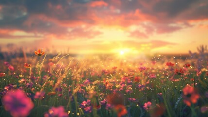 Serene Meadow at Sunrise - The warmth of the rising sun gently illuminates a serene meadow, highlighting the morning's gentle dew