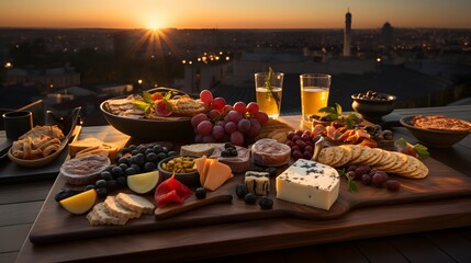 A gourmet cheese and charcuterie board, complete with an assortment of cheeses, meats, nuts, and...
