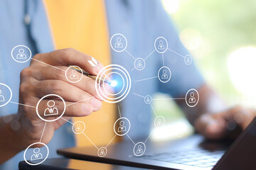 White dartboard and White arrow connection linkage with human icon for customer focus target group and customer relation management concept.