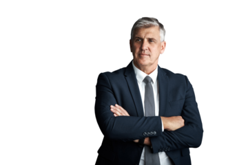 Mature, businessman or thinking with confidence in career, arms crossed or planning in corporate job. Senior management, executive or professional with pride or isolated on transparent png background
