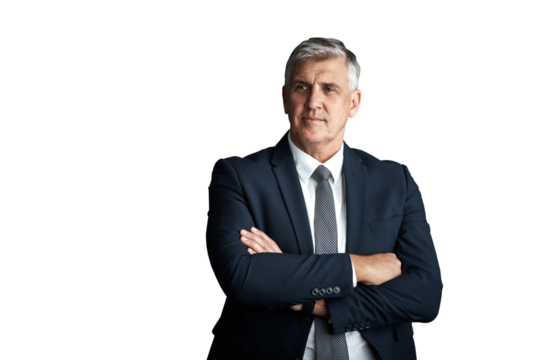 Mature, businessman or thinking with confidence in career, arms crossed or planning in corporate job. Senior management, executive or professional with pride or isolated on transparent png background