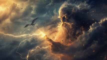 Zeus wielding lightning in a stormy sky over Mount Olympus eagles soaring around him - obrazy, fototapety, plakaty