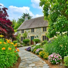 A charming cottage nestled in a lush countryside setting, with colorful flowers blooming in the garden and a winding stone pathway leading to the front door
Free ai image download..