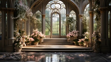 A grand entrance hall with an empty wall, where a sophisticated Easter garland made of crystal...