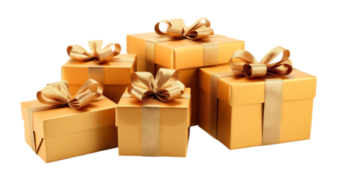 Golden gift boxes adorned with shiny golden ribbons, cut out