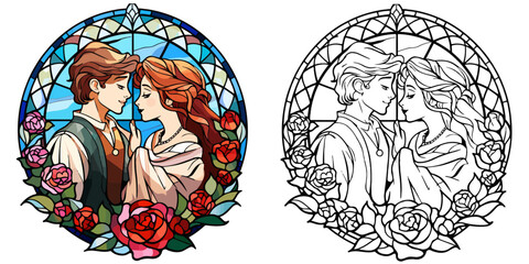 A Sweet Couple Close Together with Presents Coloring Page Stained Glass Vector Art