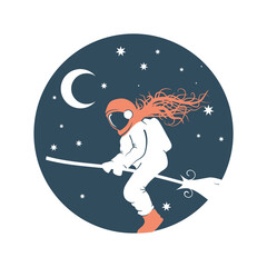 Astronaut monochrome sketch. Spacewoman flying on broomstick. Backdrop filled with crescent moon and stars. Astronaut cosmic traveler concept.