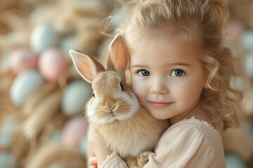 Fototapeta premium cute little girl holds and hugs fluffy rabbit in arms on Easter decor background. Easter bunny