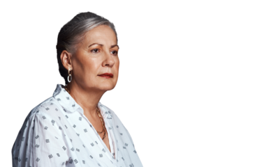 Elderly woman, thinking and reflection on life with memory, retirement and insight on png transparent background. Remember, thoughtful and pensive with pension, dream and mindfulness for old age