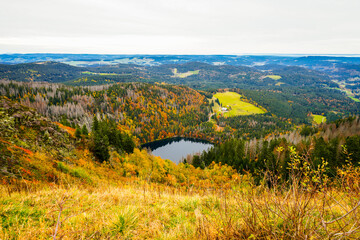 Fototapeta na wymiar Autumnal landscape on the Feldberg in the Black Forest with a view of the Feldsee and the surrounding nature with forests and hills. 