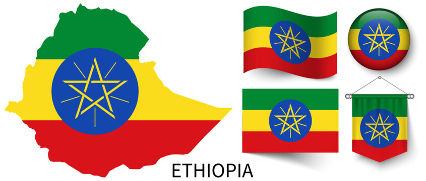 The various patterns of the Ethiopia national flags and the map of Ethiopia's borders
