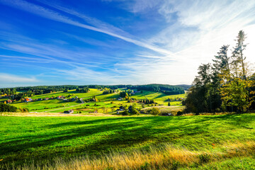 Landscape near Schönwald in the Black Forest. Nature in the morning with meadows and hills.
