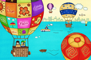 Fototapeta premium an illustration of traveling with a hot air balloon