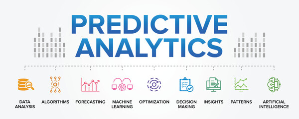 Predictive Analytics technology concept vector icons set infographic illustration background. Business Analytics, Predictive Analysis, Data Analytics, Algorithms, Forecasting, Machine Learning.