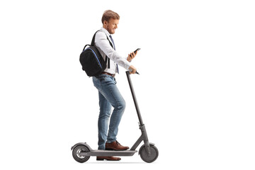 Full length profile shot of a man with electric scooter checking his smartphone