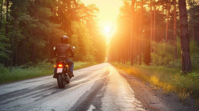 Rider riding motorcycle in a sunny forest, sunset image