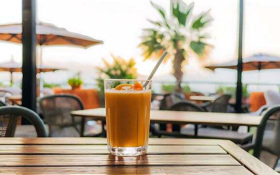 Abstract summer cafe bar lounge blurred background a glass with orange juice on a terrace