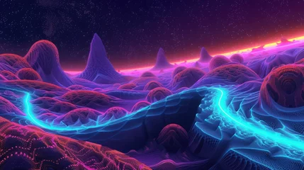 Photo sur Plexiglas Violet Futuristic digital art depicting a neon-lit landscape with a glowing river winding through a mountainous terrain under a starry sky. 