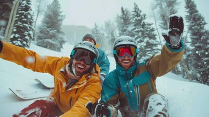Three happy snowboarders posing with snowboards smiling and having fun - obrazy, fototapety, plakaty