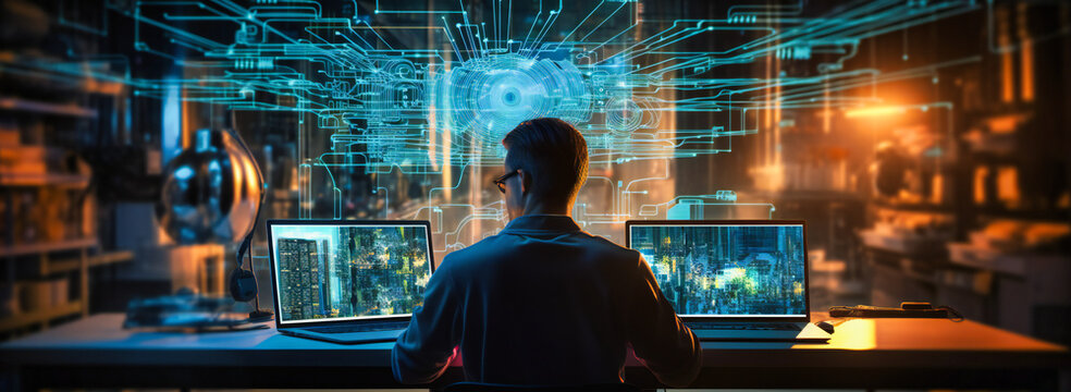 Futuristic business concept with a man interacting with a holographic interface, showcasing innovation in technology and cyber security