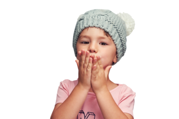 Blowing, kiss and portrait of child with love and care in transparent, isolated or png background. Hands, gesture and kid on Valentines day with romance, support and emoji of kindness or compassion